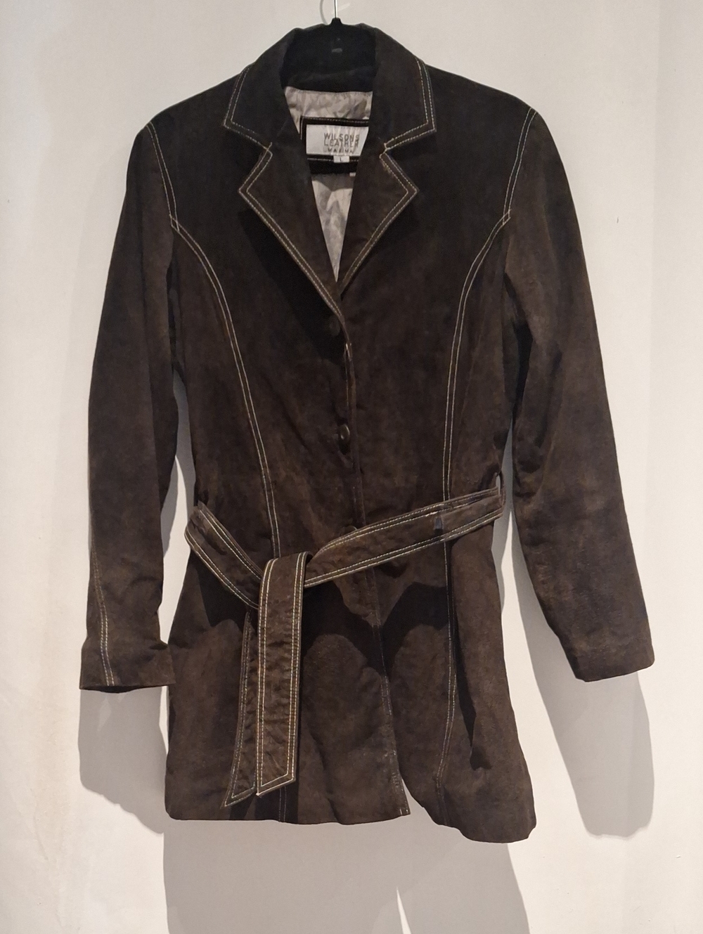 Wilsons Leather Chocolate Brown Suede Belted Long Lined Women's Jacket
